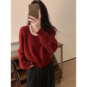 安可拉紅色浣熊絨針織衫女秋冬打底內搭毛衣寬松撞色方領新年上衣