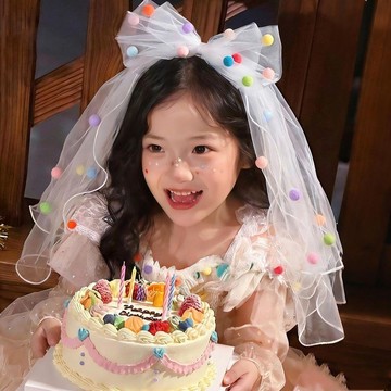 🎀biubiu童裝🎀韓國ins蝴蝶結多巴胺綵球頭紗髮夾女孩兒童生日拍照道具裝飾髮夾