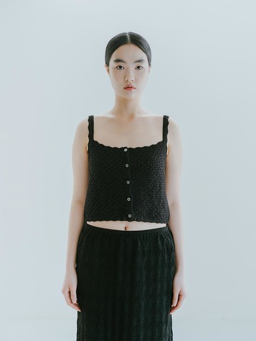 Linen Blended Crochet Vest - Black