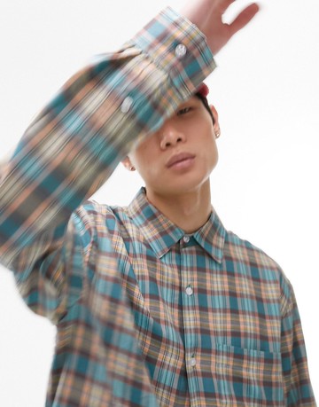 Topman long sleeve extreme oversized check shirt in blue-Green