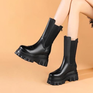 10CM超高跟秋冬松糕底真皮短靴