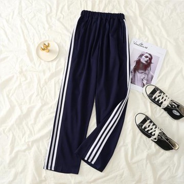 藏青色三條杠運動褲寬松顯瘦復古條紋闊腿直筒褲休閑九分衛褲子潮