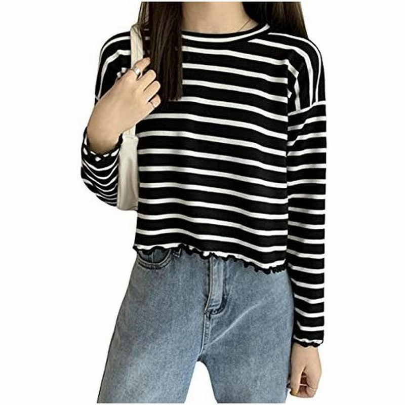 Shuming Tシャツ レディース ボーダー 長袖 カットソー ゆったり プルオーバー 薄手 ロンｔ カジュアル 韓国風 トップス 秋服 ファッション 通学 Free黒 通販 Lineポイント最大0 5 Get Lineショッピング