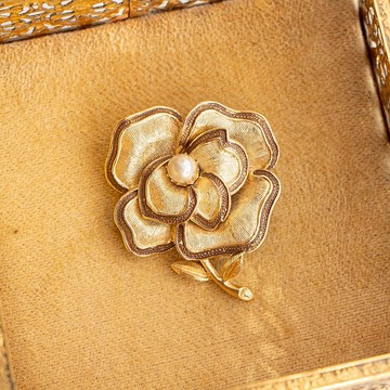 美國古董 大立體花刷紋彩繪邊鑲仿珍珠 鍍金兩用胸針墜飾