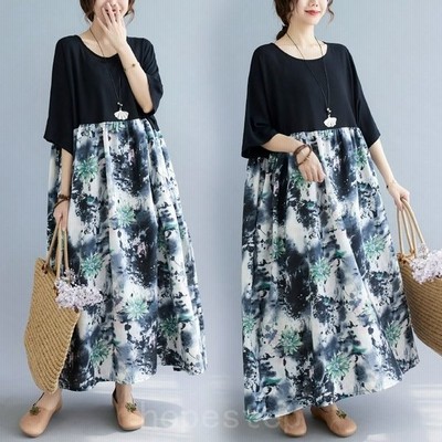 ロングワンピース レディース 夏 40代 五分袖 ブラック 総柄 レトロ 夏ワンピ リゾート カジュアル シンプル ゆったり 体系カバー 大人可愛い こなれ感 通販 Lineポイント最大get Lineショッピング