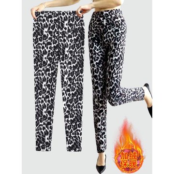光面大碼一體絨豹紋打底褲秋冬新款外穿媽媽褲保暖褲高腰花褲子