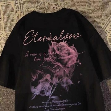限時閃購特惠⚡高街美式圓領漸變玫瑰印花T恤短袖男女夏季新款潮牌寬鬆休閒復古PJ69