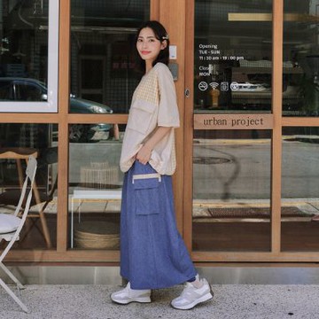 【Dailo】拼接風涼感寬長腿褲 藍 卡