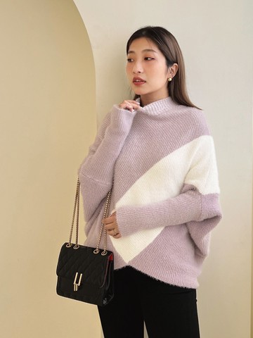 海馬毛配色針織立領連袖毛衣/上衣