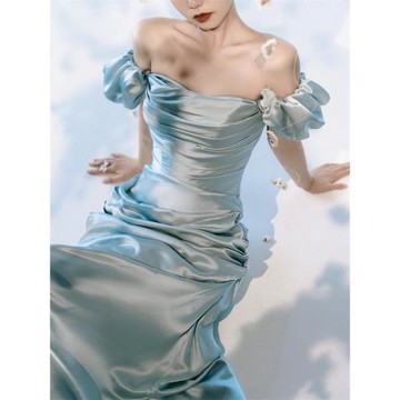 新中式晨袍女新娘訂婚禮服高端輕奢小眾輕婚紗敬酒服一字肩連衣裙