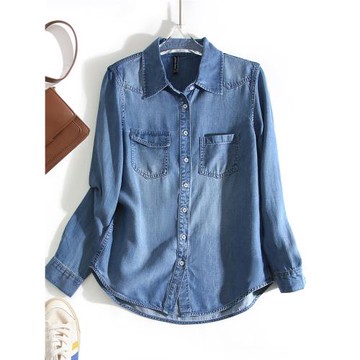 垂感天絲牛仔襯衫女春秋薄款內搭疊穿正肩顯瘦歐貨小個子港風上衣
