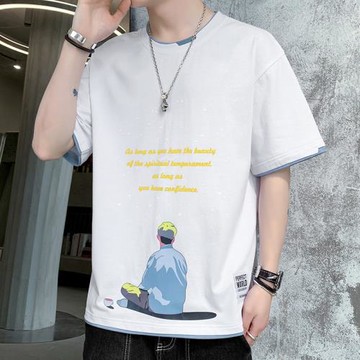 (免運)男士純棉短袖t恤夏季寬松百搭半袖2023新款薄T恤新疆棉假兩件上衣