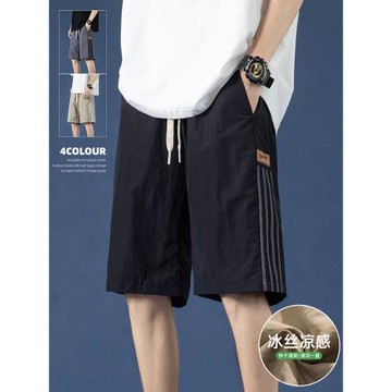 冰絲三條杠條紋短褲男外穿寬松潮流休閑運動夏季薄款速干五分褲子