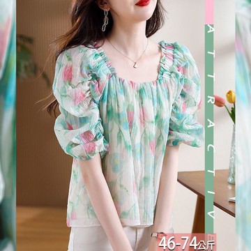 雪紡上衣方領花卉漸層印花皺褶泡泡袖 M-2XL【521537X】【現+預】-流行前線-