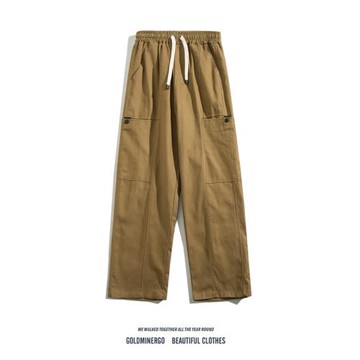 春秋潮牌純色工裝褲男日系復古寬松直筒闊腳褲多口袋痞帥休閑長褲