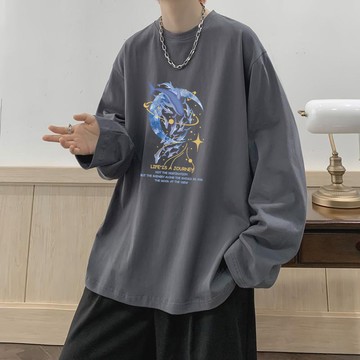 【台灣熱銷】M-8XL 長袖T恤 落肩上衣 寬版 圓領 薄長袖 大尺碼 情侶衣服 印花上衣 韓版T恤