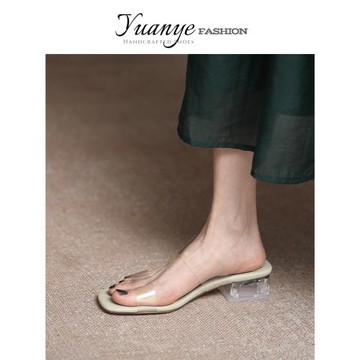 原野Yuanye●瑪麗小姐～！氣質透明一字帶露趾拖鞋女夏水晶跟涼拖