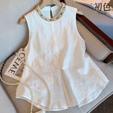 初色 亞麻背後開叉微摺花邊重工釘珠圓領無袖背心襯衫上衣女上衣-白色-13712(M-2XL可選)
