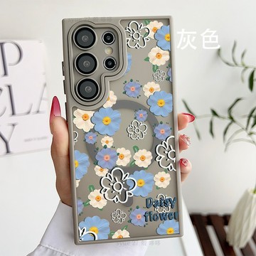 膚感磨砂手機殼藍色粉色花朵磁吸保護殼 適用三星Galaxy A56 A36 A26 A55 A54 A16 S25防摔殼