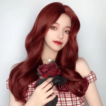 [台灣出貨附發票] 中分玫瑰紅整頂假髮 假髮 假髮女 wig 假发 假髮女整頂 長捲假髮 大波浪假髮 中分假髮 假頭髮