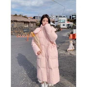 粉色羽絨服女冬季長款過膝2024新款韓版寬松加厚白鴨絨面包服外套
