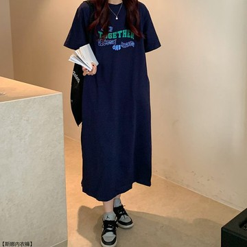 休閒慵懶連衣裙女韓版字母印花寬鬆過膝開叉t恤裙