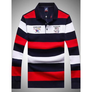 24秋季鯊魚男士絲光棉長袖t恤歐美大青年翻領條紋刺繡針織polo衫