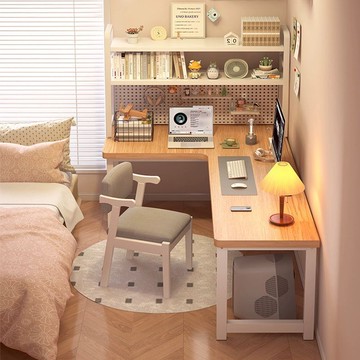 轉角書桌家用臺式實木電腦桌臥室學生寫字桌書架書桌一體拐角桌子 ph6211