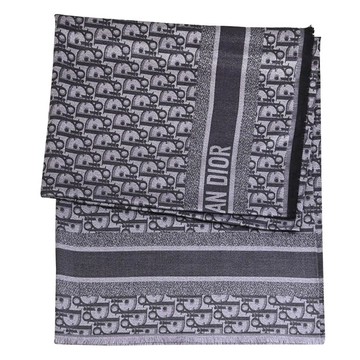 Christian Dior Oblique 緹花LOGO絲綢混紡披肩/圍巾.黑灰