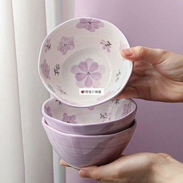 可開發票☆【臺灣精品】💕紫宣花ins風陶瓷碗家用釉下彩餐具特別好看的5英寸6寸米飯碗麪碗