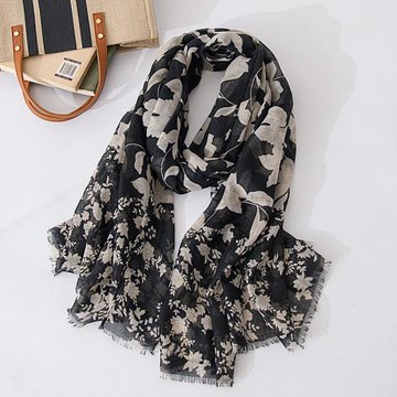 圍巾女冬季絲巾春秋仿棉麻薄款黑色花朵夏季防曬披肩長款文藝圍脖
