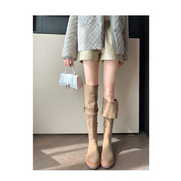 Kmeizu兩穿長筒靴秋冬過膝靴彈力瘦瘦靴平底高筒靴女絨面騎士長靴
