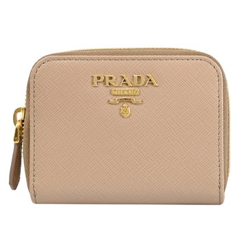 PRADA 1MM268 經典浮雕LOGO防刮皮革拉鍊零錢包.裸色