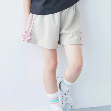 日本 devirock - 可愛側蝴蝶結厚磅短褲-淺灰x粉