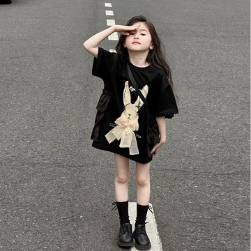 甜酷🖤立體緞帶兔子女童長版T恤 洋裝式女童短袖上衣 寬鬆洋氣上衣童裝 兒童休閒T恤裙 女童T恤
