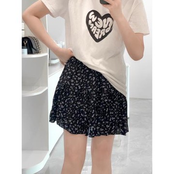 黑底碎花短裙小個子夏季女褲裙百褶半身裙a字高腰顯瘦松緊腰傘裙