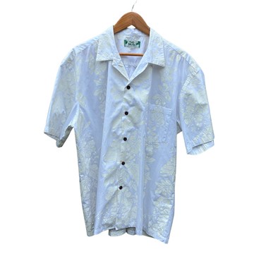 復古雙棕櫚扶桑花圖案白色棉質夏威夷襯衫