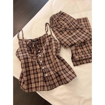 ♡ 𝑪𝒉𝒊𝒄 𝒖 ♡美式復古格子繫帶吊帶長褲家居服網紅寬鬆休閒可外穿睡衣夏天女款