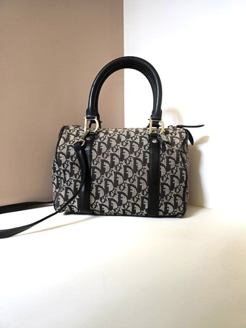 稀有中古包 Dior黑灰色老花波士頓包 斜背包 側背包 單肩包 古董