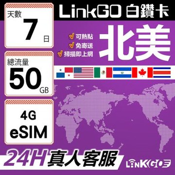 LinkGO白鑽卡 北美 eSIM卡 AT&T/Verizon 7天總流量50GB(北美網卡 美國 加拿大 墨西哥)