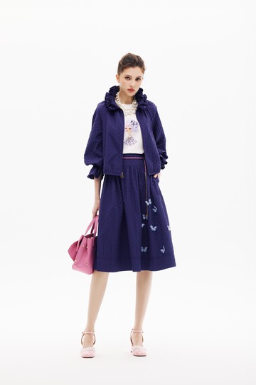 藍紫色立體褶皺中長裙