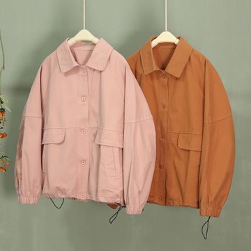 春季全棉大口袋翻領長袖寬松百搭外套女顯瘦粉色休閑抽繩韓版上衣