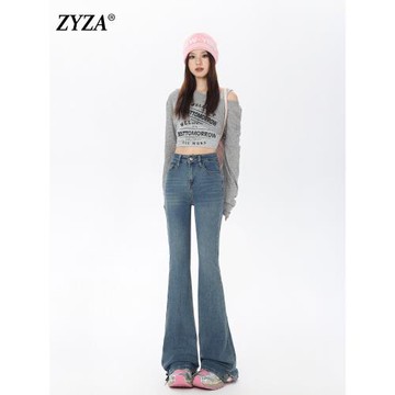 ZYZA微喇褲開叉牛仔褲女2025年秋季新款高腰緊身喇叭褲子女秋季款