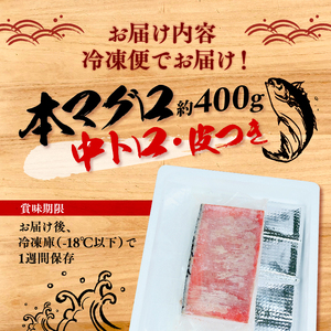 マグロ 中とろ トロ 冷凍 本マグロ 400g 鮪 海鮮 晩酌 刺し身 さしみ 柵 皮付き 酒のつまみ