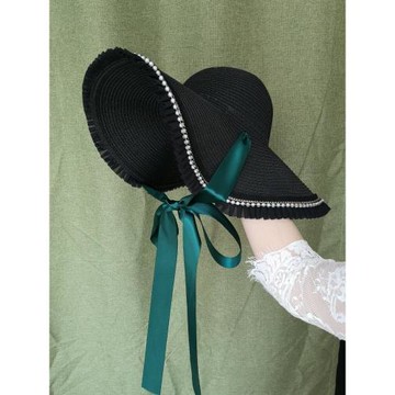 法式綁帶草帽百褶邊大檐帽沙灘帽度假旅游遮陽帽防曬女夏綁帶防風