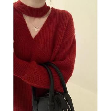 性感掛脖交叉V領針織衫毛衣早春季新款寬松顯瘦套頭長袖上衣女裝