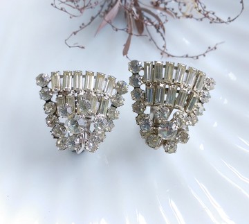 Vintage Jewelry  ART DECO 立體放射 萊茵 大耳環 夾式耳環