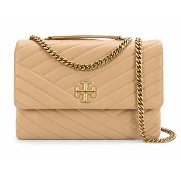 TORY BURCH KIRA 雙T金字LOGO鍊斜紋衍縫翻蓋兩用包(大/奶茶)