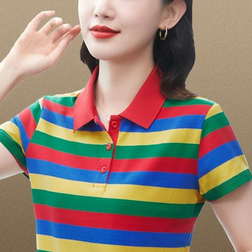 夏季時尚媽媽裝POLO衫 上衣 POLO衫 洋氣寬鬆媽媽減齡顯瘦POLO上衣條紋短袖T恤 韓版服飾 大尺碼女裝 夏日服裝