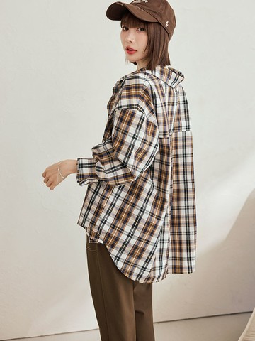 棉質配色格紋後打褶襯衫上衣